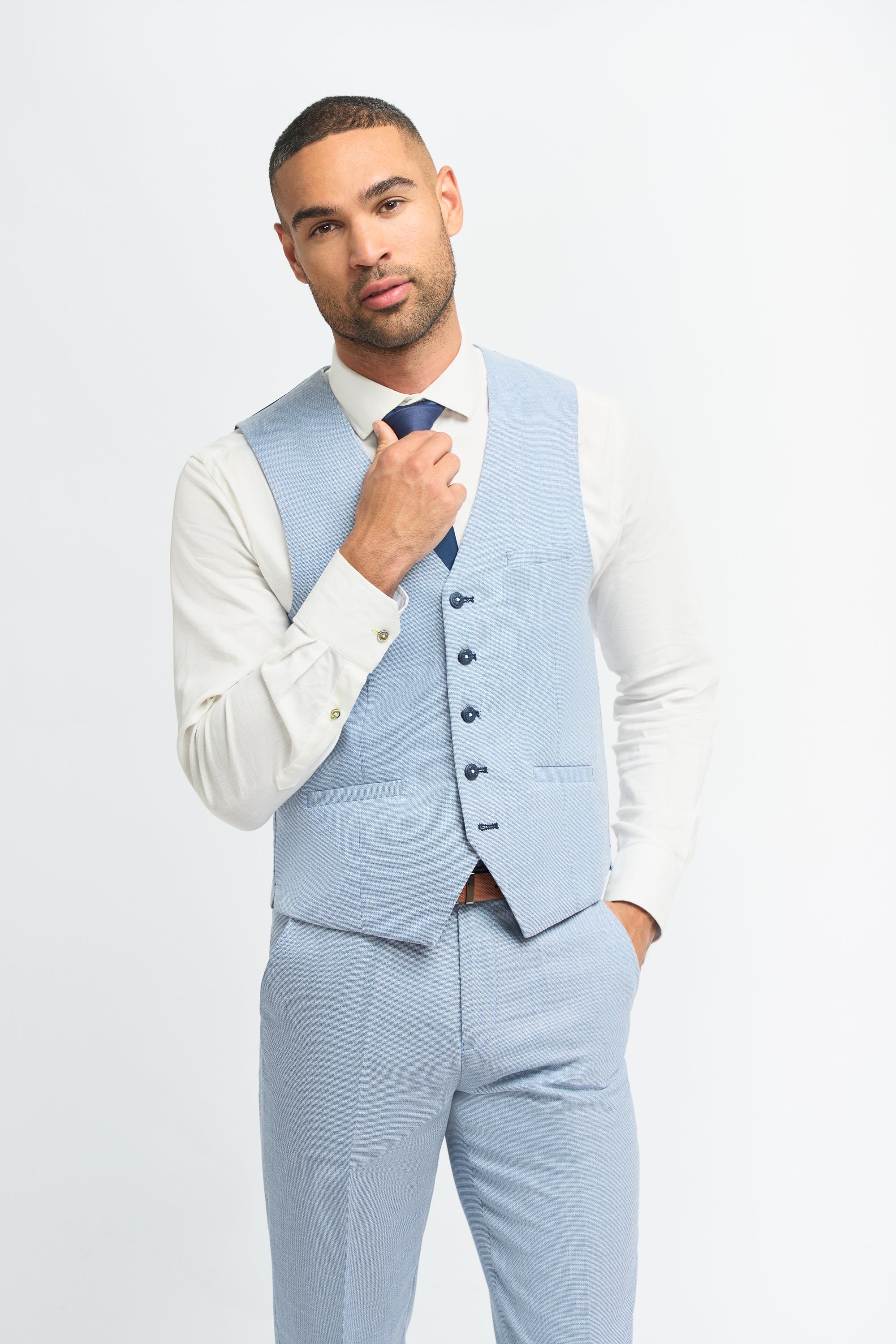 Herren 3-teiliger Anzug Hellblau Sommer Leinen Tailored Fit Hochzeit Abschlussball Klassisch