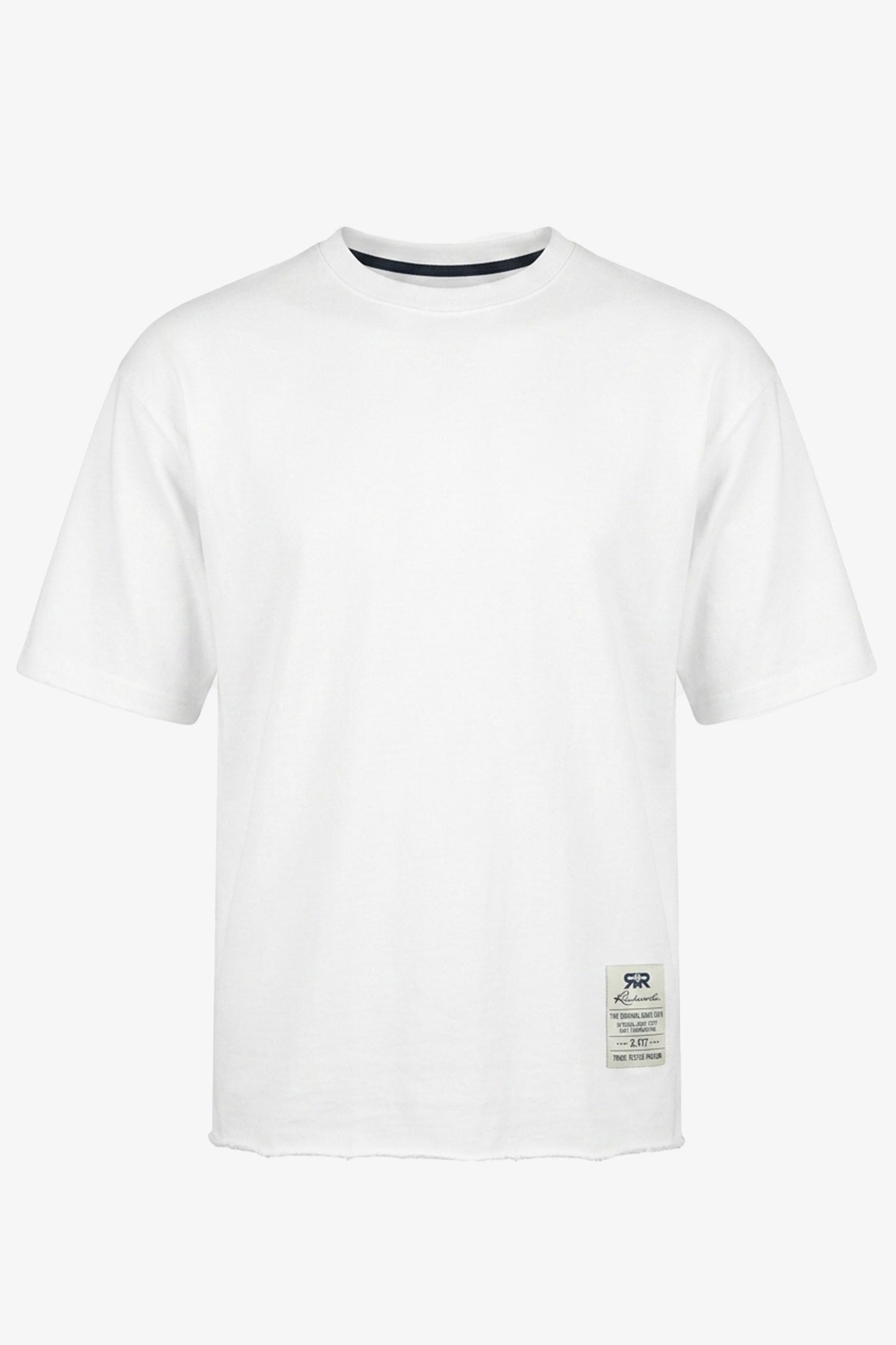 Weißes Herren-T-Shirt mit lockerer Passform, offener Kante, Rundhalsausschnitt, Baumwollmischung