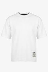 Weißes Herren-T-Shirt mit lockerer Passform, offener Kante, Rundhalsausschnitt, Baumwollmischung