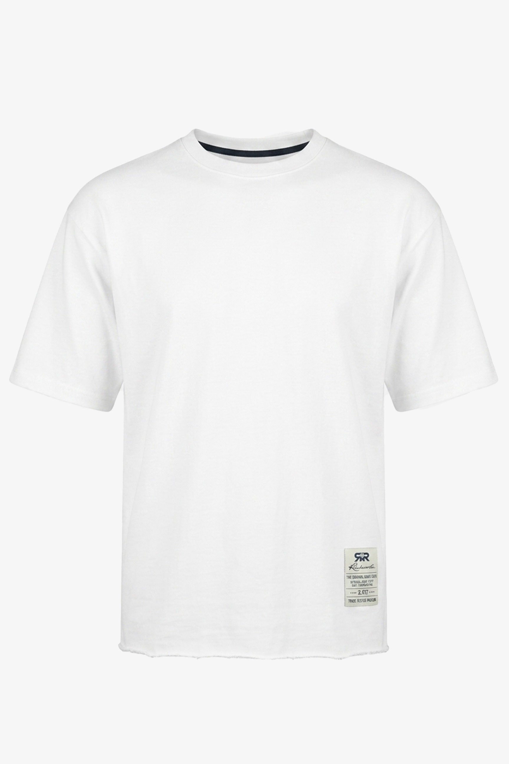 Weißes Herren-T-Shirt mit lockerer Passform, offener Kante, Rundhalsausschnitt, Baumwollmischung