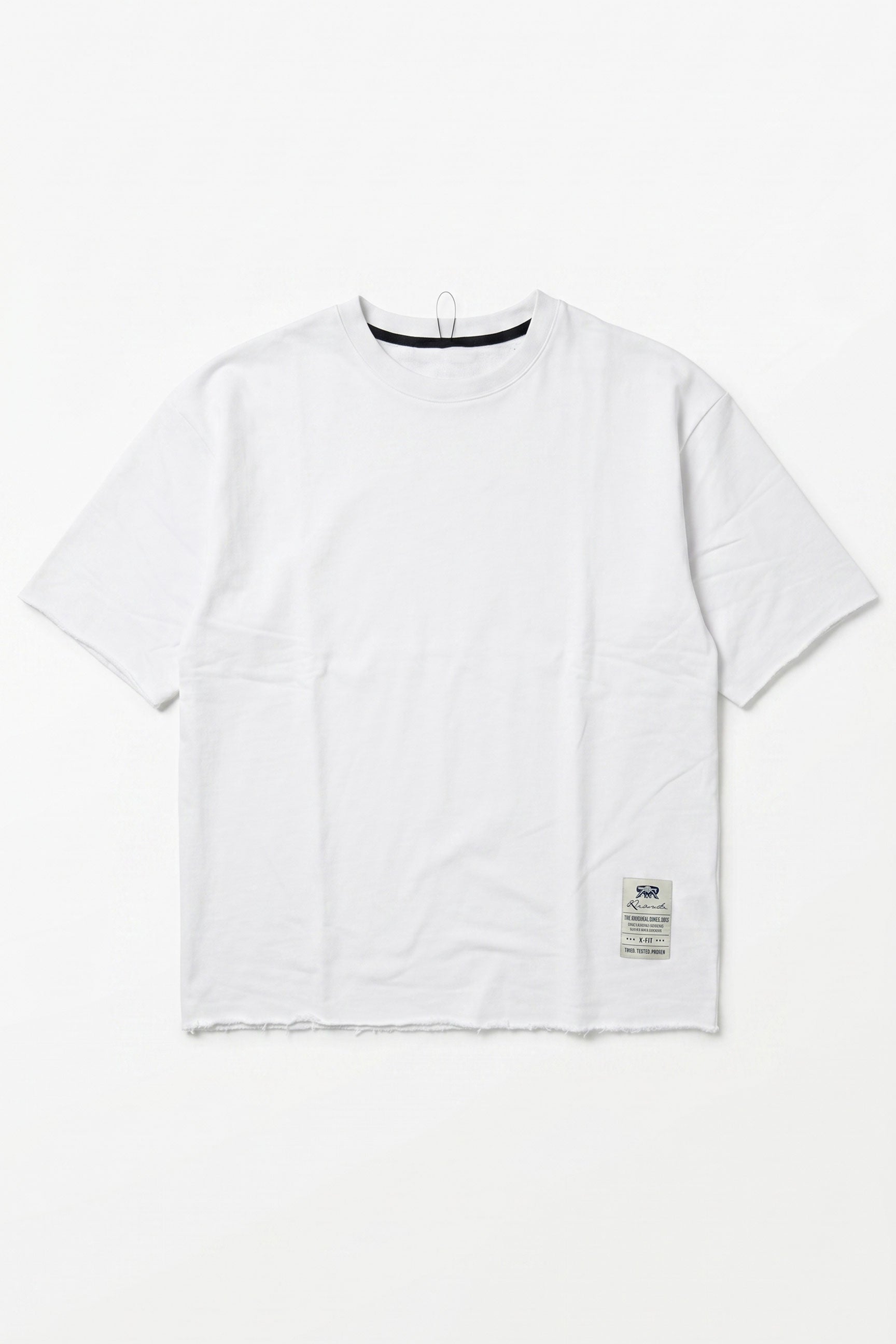 Weißes Herren-T-Shirt mit lockerer Passform, offener Kante, Rundhalsausschnitt, Baumwollmischung