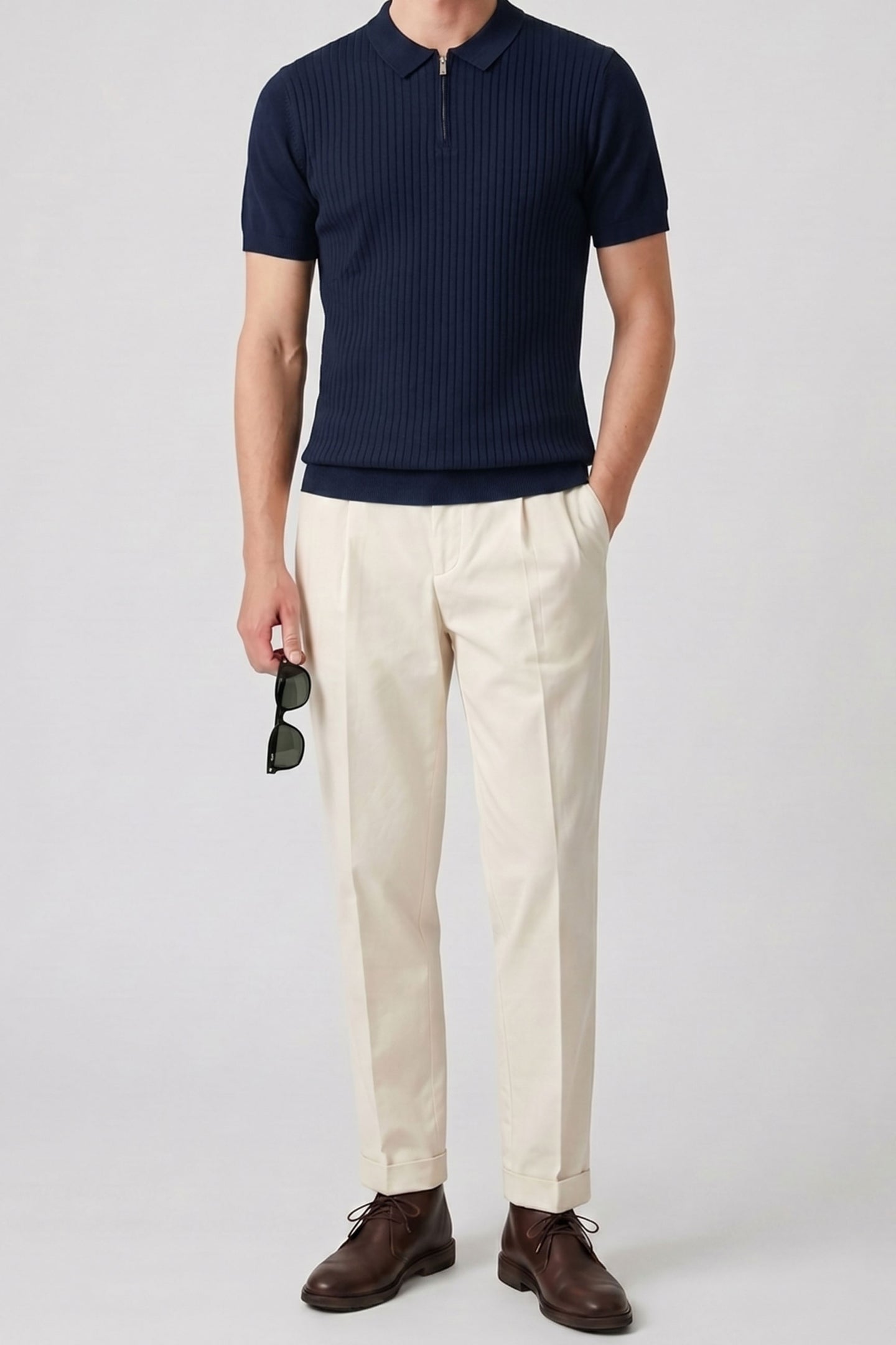 Marineblaues Strick-Poloshirt mit Reißverschluss für Herren