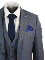 Paul Andrew Henry - Mens 3 Piece Tailored Fit Prince Of Wales Check Grey Blue Tweed Suit Vintage Retro