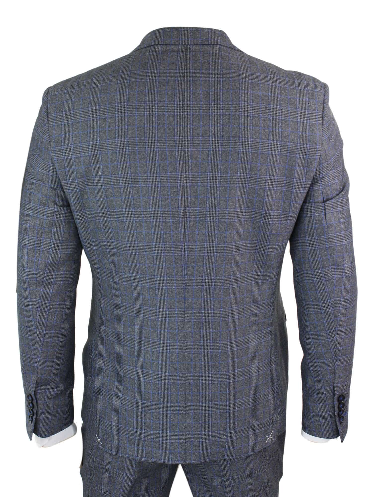 Paul Andrew Henry - Mens 3 Piece Tailored Fit Prince Of Wales Check Grey Blue Tweed Suit Vintage Retro