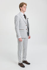 Mark Herrenanzug, dreiteilig, Tweed, kariert, mit braunem Besatz, Grau/Stein, für Hochzeiten und Abschlussbälle