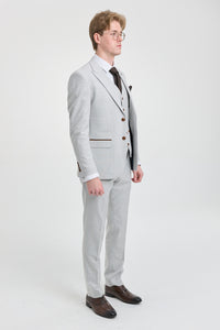 Mark Herrenanzug, dreiteilig, Tweed, kariert, mit braunem Besatz, Grau/Stein, für Hochzeiten und Abschlussbälle
