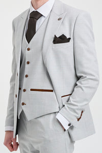 Mark Herrenanzug, dreiteilig, Tweed, kariert, mit braunem Besatz, Grau/Stein, für Hochzeiten und Abschlussbälle