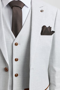 Mark Herrenanzug, dreiteilig, Tweed, kariert, mit braunem Besatz, Grau/Stein, für Hochzeiten und Abschlussbälle