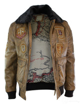 Mens Aviator Flying Pilot Bomber Jacket Vintage Tan Removable Black Fur Collar-Brown