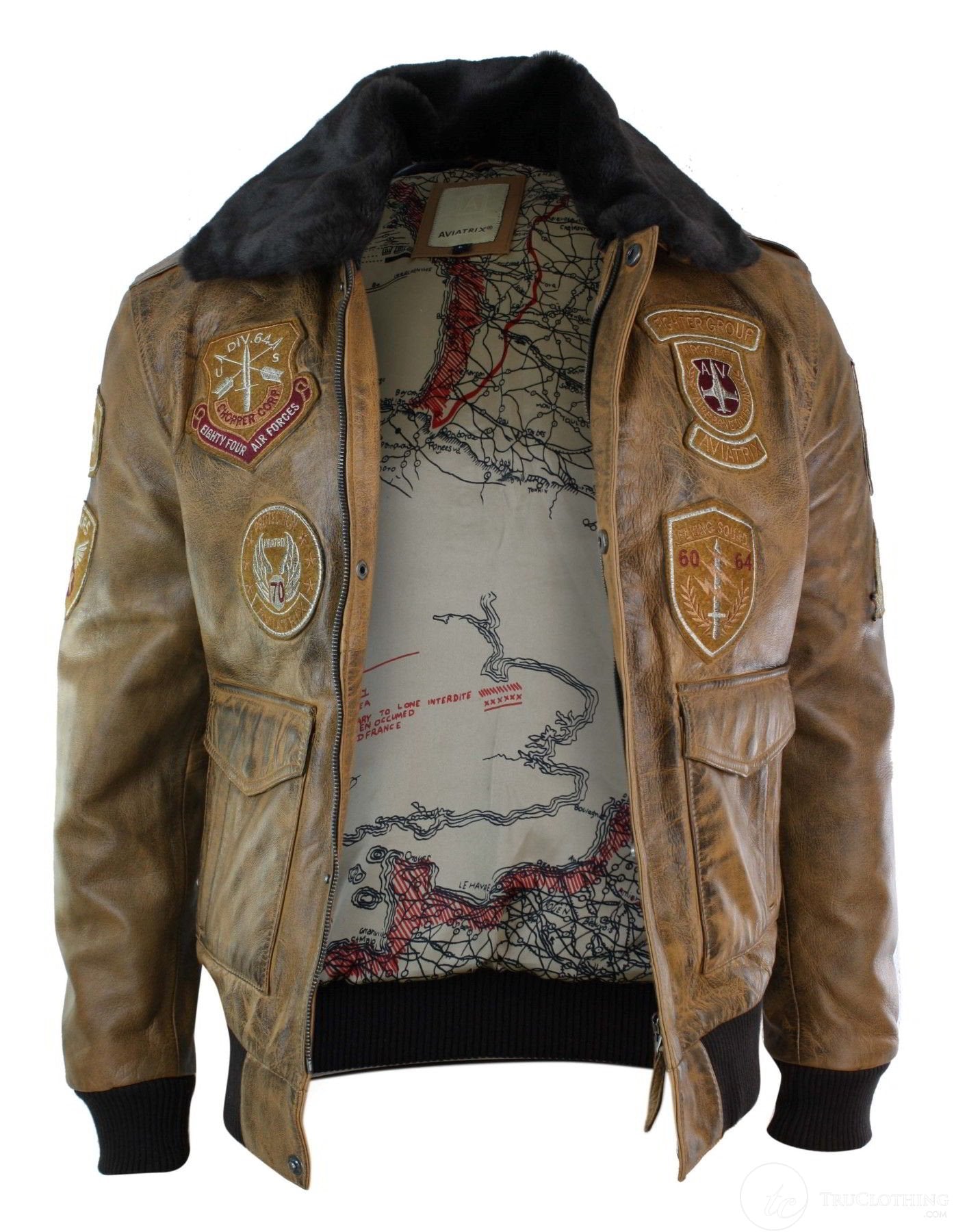 Mens Aviator Flying Pilot Bomber Jacket Vintage Tan Removable Black Fur Collar-Brown