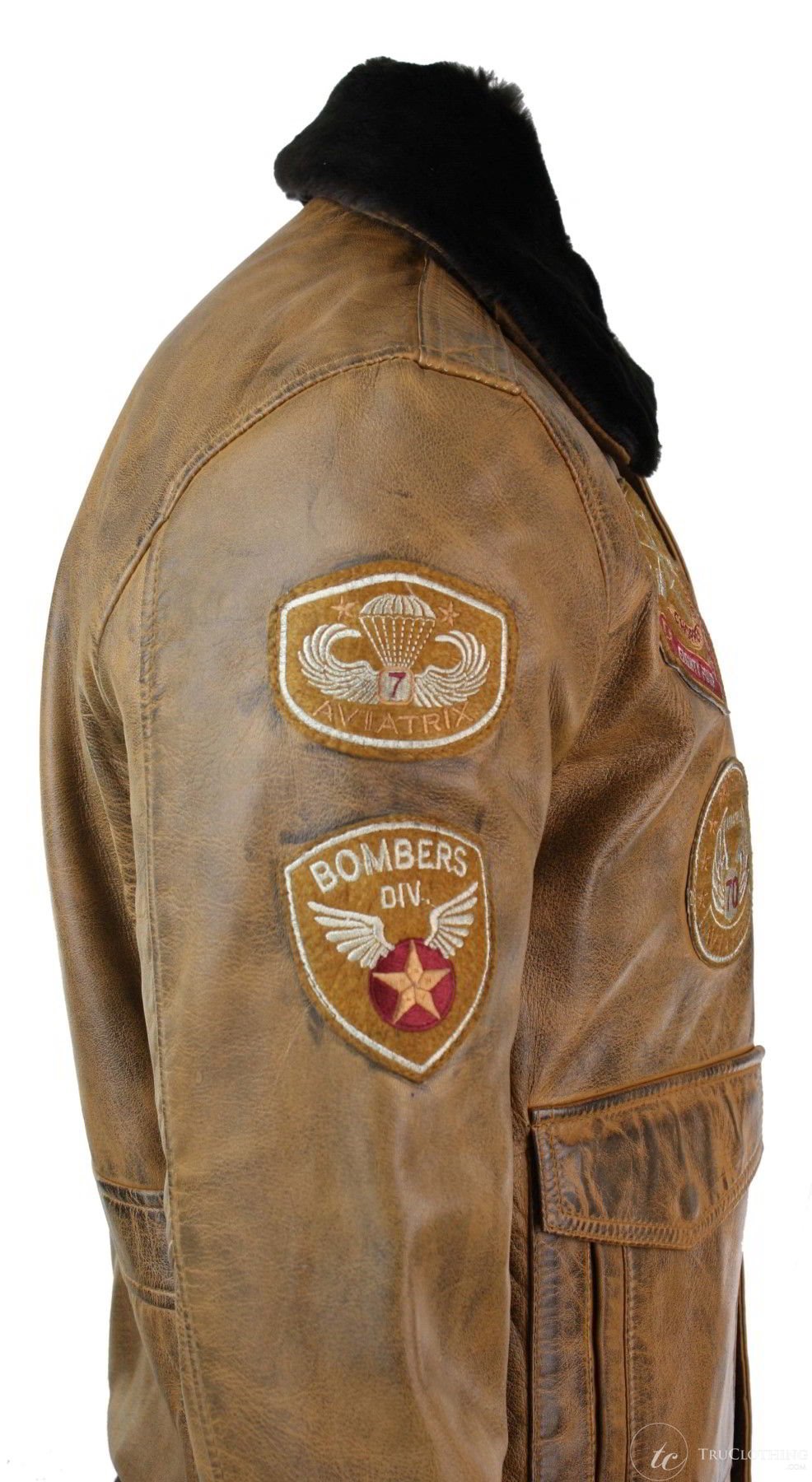 Mens Aviator Flying Pilot Bomber Jacket Vintage Tan Removable Black Fur Collar-Brown