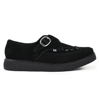 Spitz zulaufende Creeper-Plateauschuhe aus schwarzem Wildleder mit Monk-Schnalle