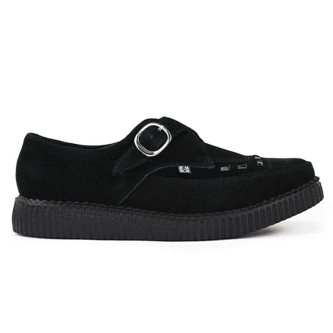 Spitz zulaufende Creeper-Plateauschuhe aus schwarzem Wildleder mit Monk-Schnalle