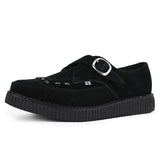 Spitz zulaufende Creeper-Plateauschuhe aus schwarzem Wildleder mit Monk-Schnalle