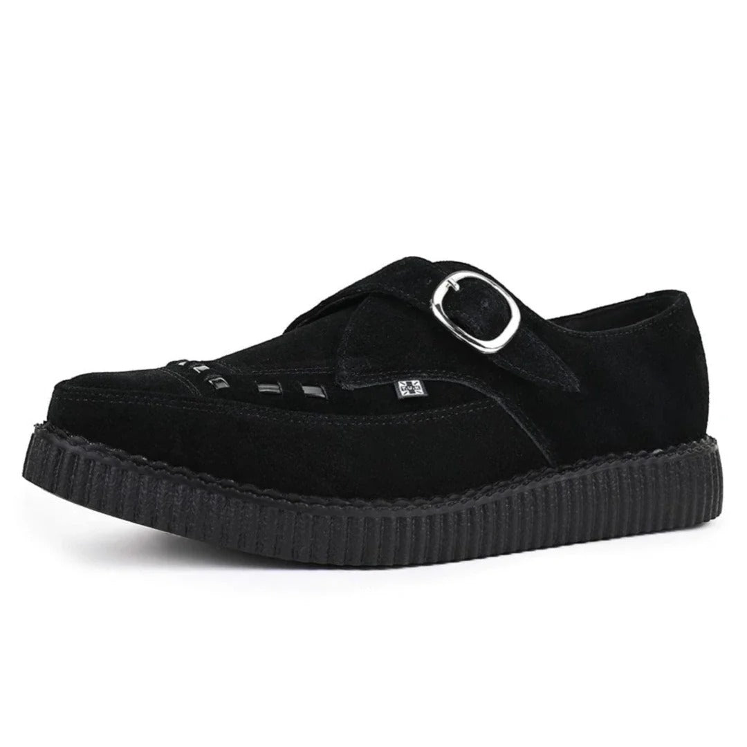 Spitz zulaufende Creeper-Plateauschuhe aus schwarzem Wildleder mit Monk-Schnalle