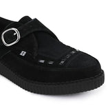 Spitz zulaufende Creeper-Plateauschuhe aus schwarzem Wildleder mit Monk-Schnalle