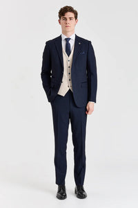 Regent-Anzug mit marineblauem Karomuster und kontrastierender Regent-Weste in Creme.