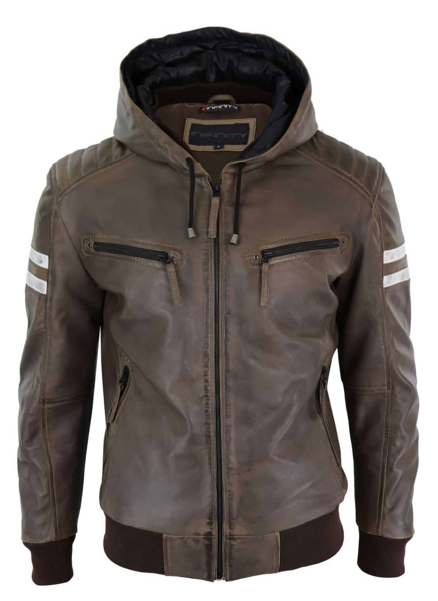 Men's Real Leather Bomber Jacket with Hood-Brown