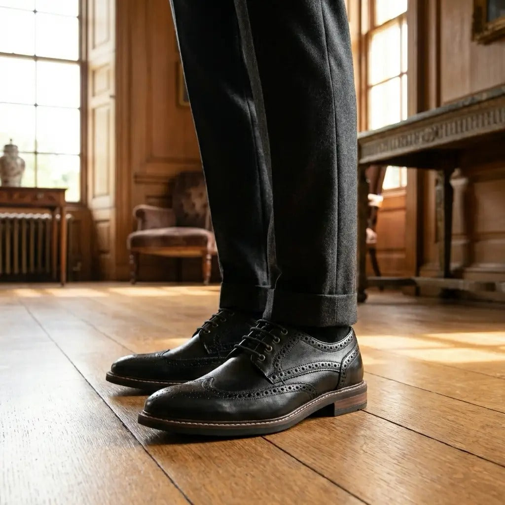 Stokes - Schwarze Herren-Brogue-Schnürschuhe aus Leder