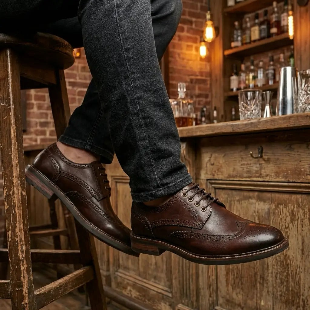 Stokes - Braune Herren-Brogue-Schnürschuhe aus Leder mit Flügelkappe