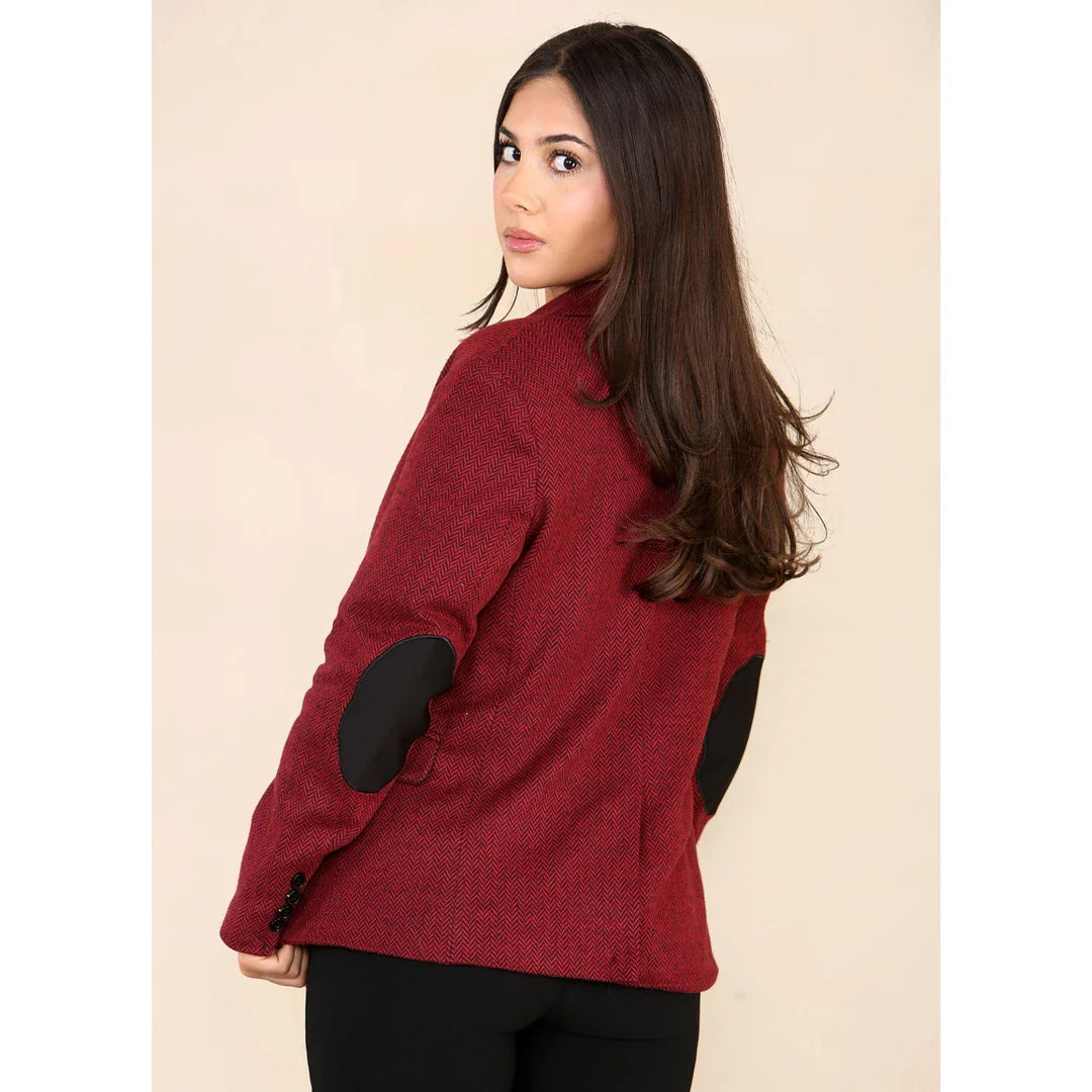 Damen-Blazer aus Tweed mit Fischgrätmuster, weinrot, klassisch im Stil der 1920er Jahre