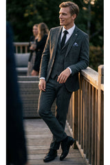 Anthrazitgrauer 3-teiliger Tweed-Anzug mit Fischgrätenmuster für Herren - STZ11