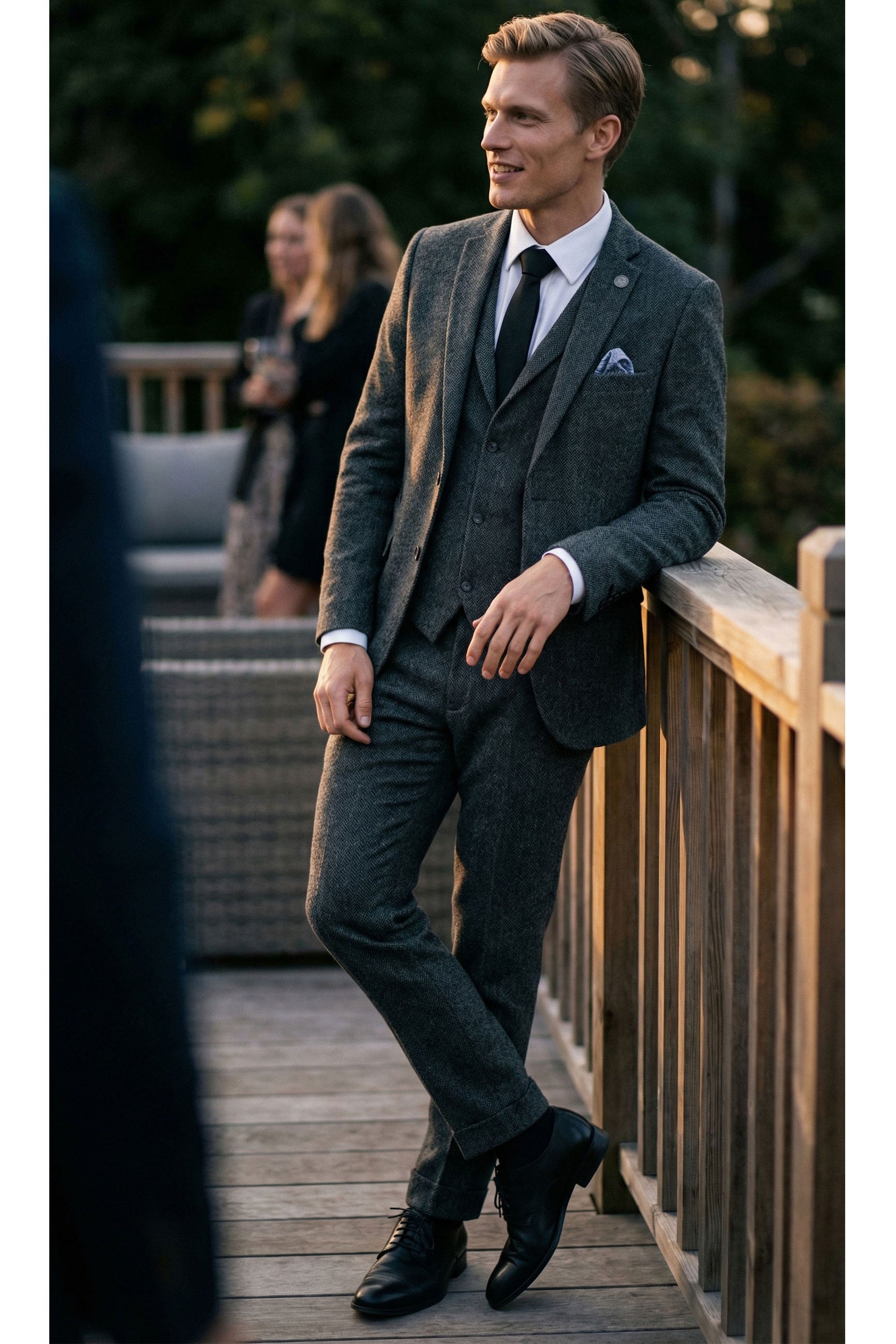 Anthrazitgrauer 3-teiliger Tweed-Anzug mit Fischgrätenmuster für Herren - STZ11