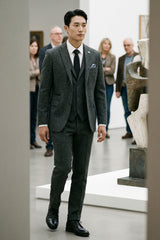 Anthrazitgrauer 3-teiliger Tweed-Anzug mit Fischgrätenmuster für Herren - STZ11