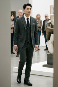 Anthrazitgrauer 3-teiliger Tweed-Anzug mit Fischgrätenmuster für Herren - STZ11