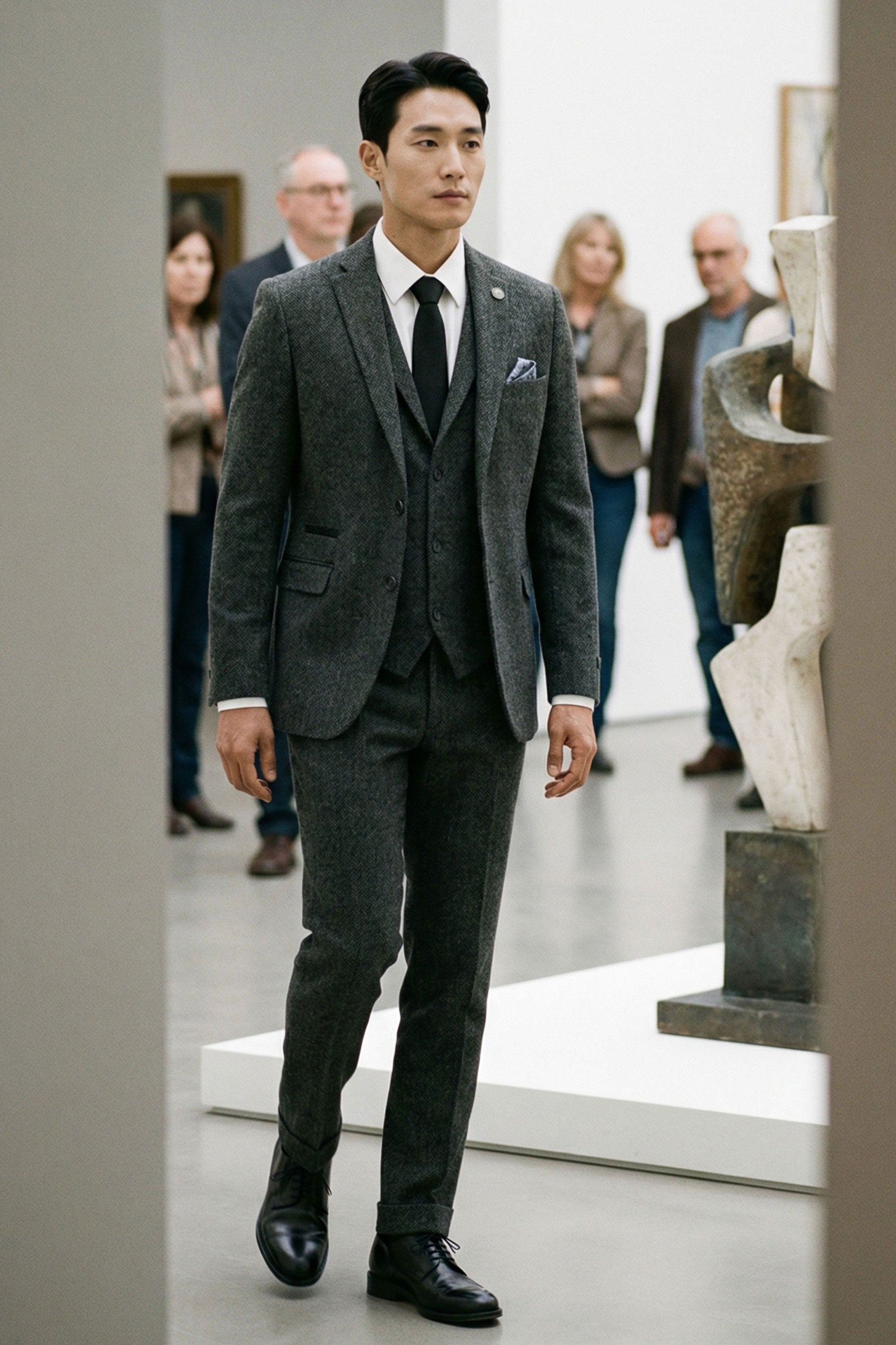 Anthrazitgrauer 3-teiliger Tweed-Anzug mit Fischgrätenmuster für Herren - STZ11