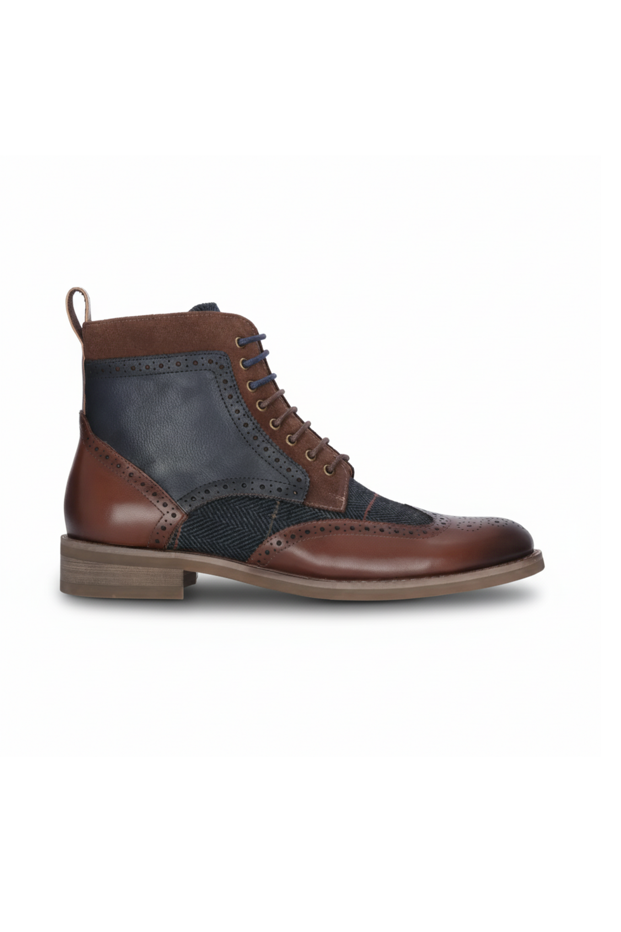 Teddy - Herren-Oxfordschuhe aus braunem Leder und marineblauem Tweed
