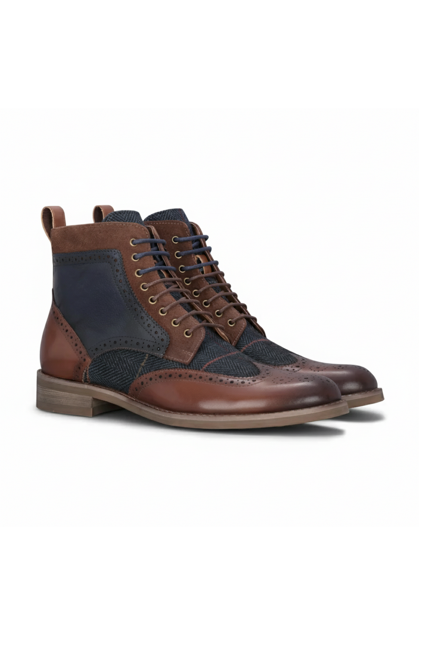 Teddy - Herren-Oxfordschuhe aus braunem Leder und marineblauem Tweed
