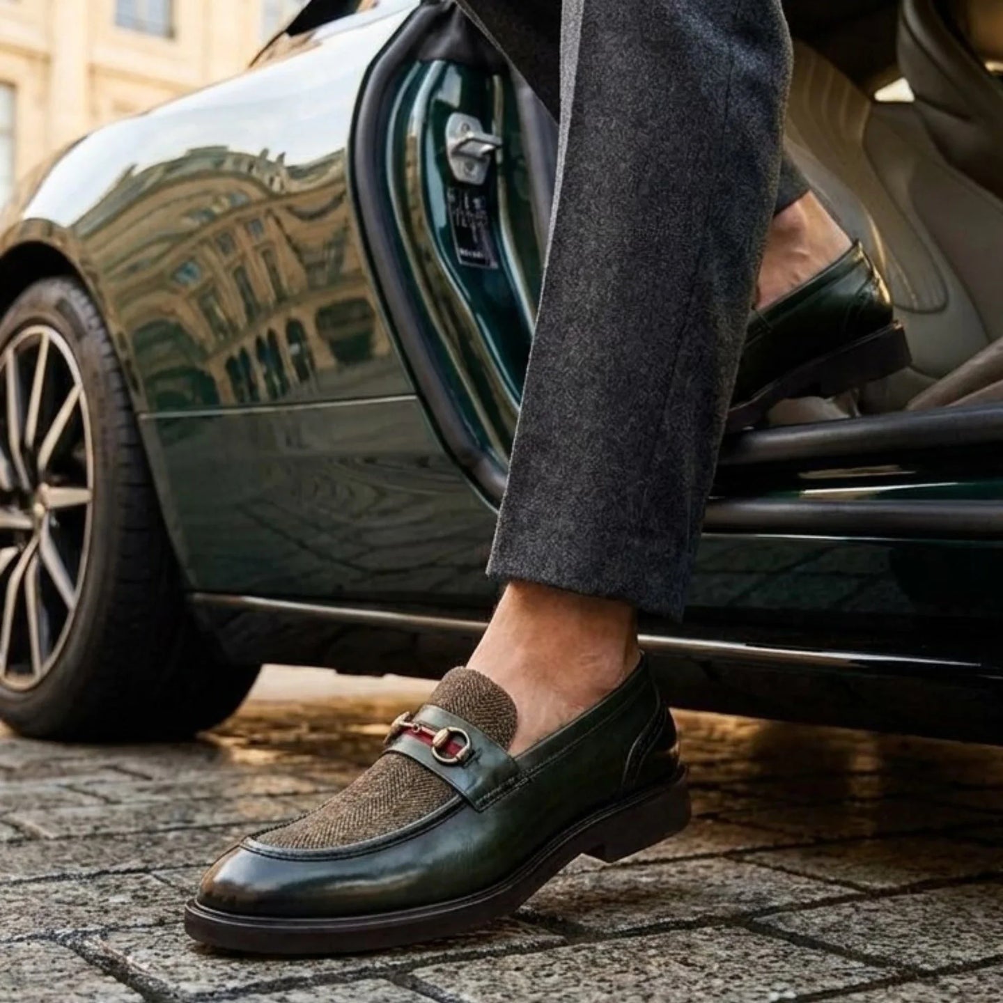 Tristian - Grüne Herren-Loafer aus Tweed mit Fischgrätmuster