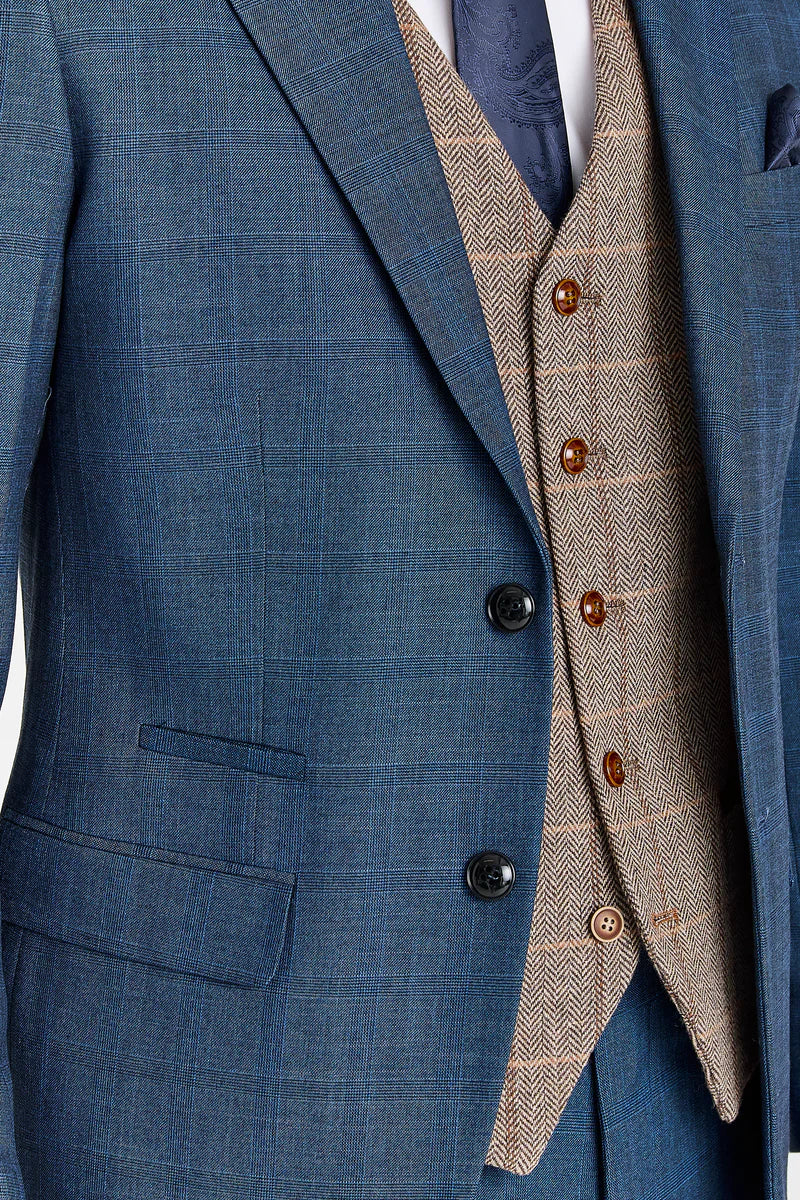 Viceroy-Anzug in Marineblau mit kontrastierender Weste aus Harris Brown Tweed
