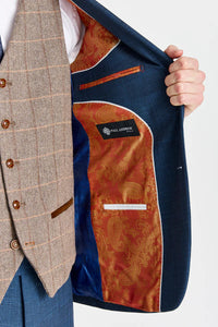 Viceroy-Anzug in Marineblau mit kontrastierender Weste aus Harris Brown Tweed