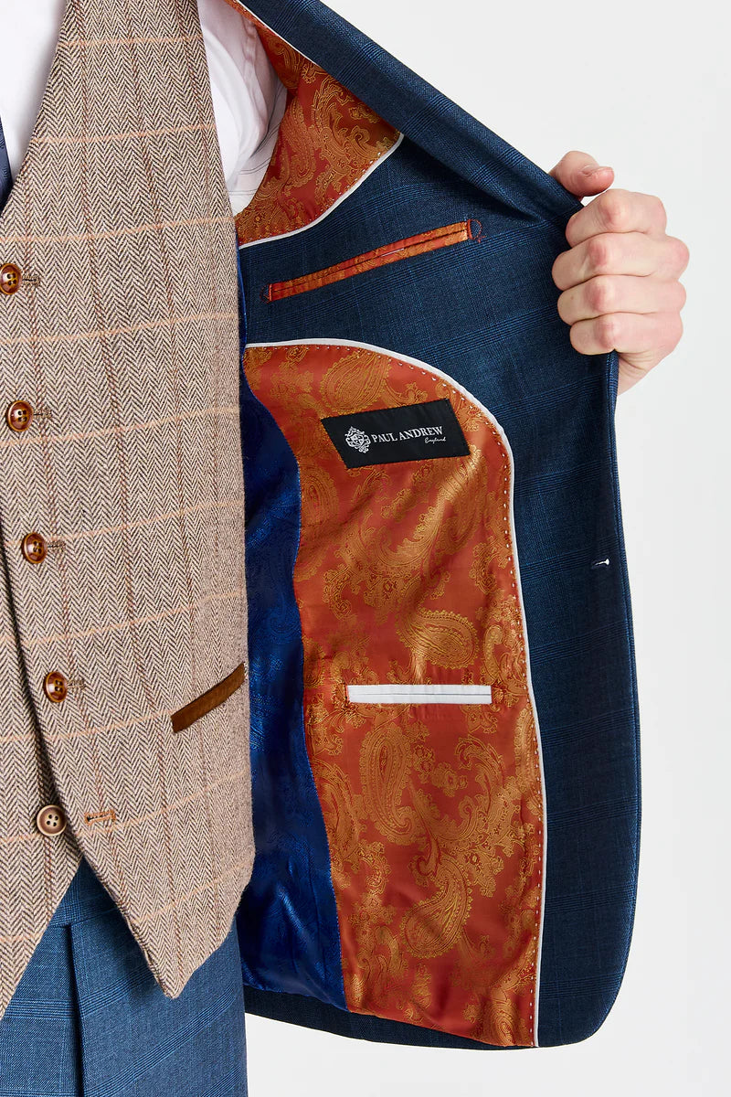 Viceroy-Anzug in Marineblau mit kontrastierender Weste aus Harris Brown Tweed