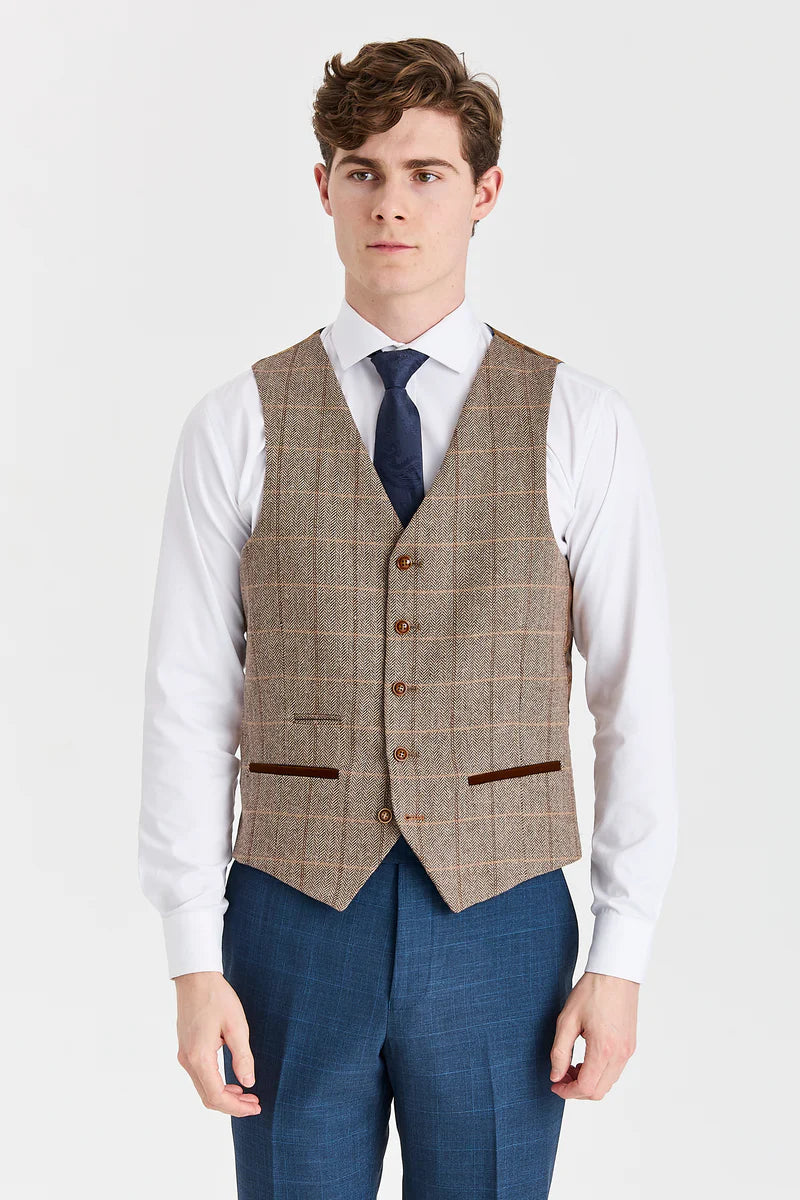 Viceroy-Anzug in Marineblau mit kontrastierender Weste aus Harris Brown Tweed