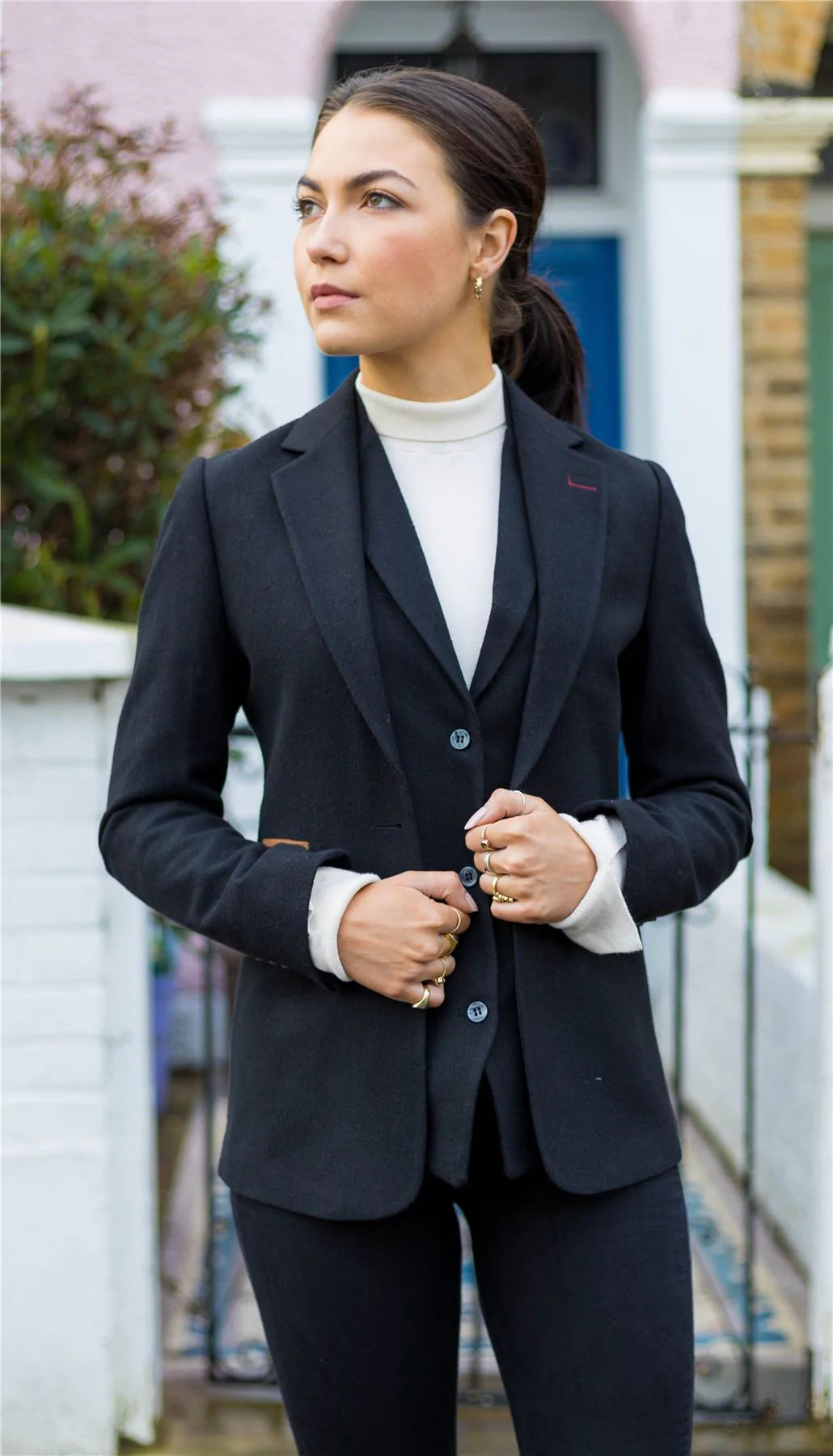 Womens  Blazer Suit Wool Tweed Elbow Patch 1920s Vintage Classic Black