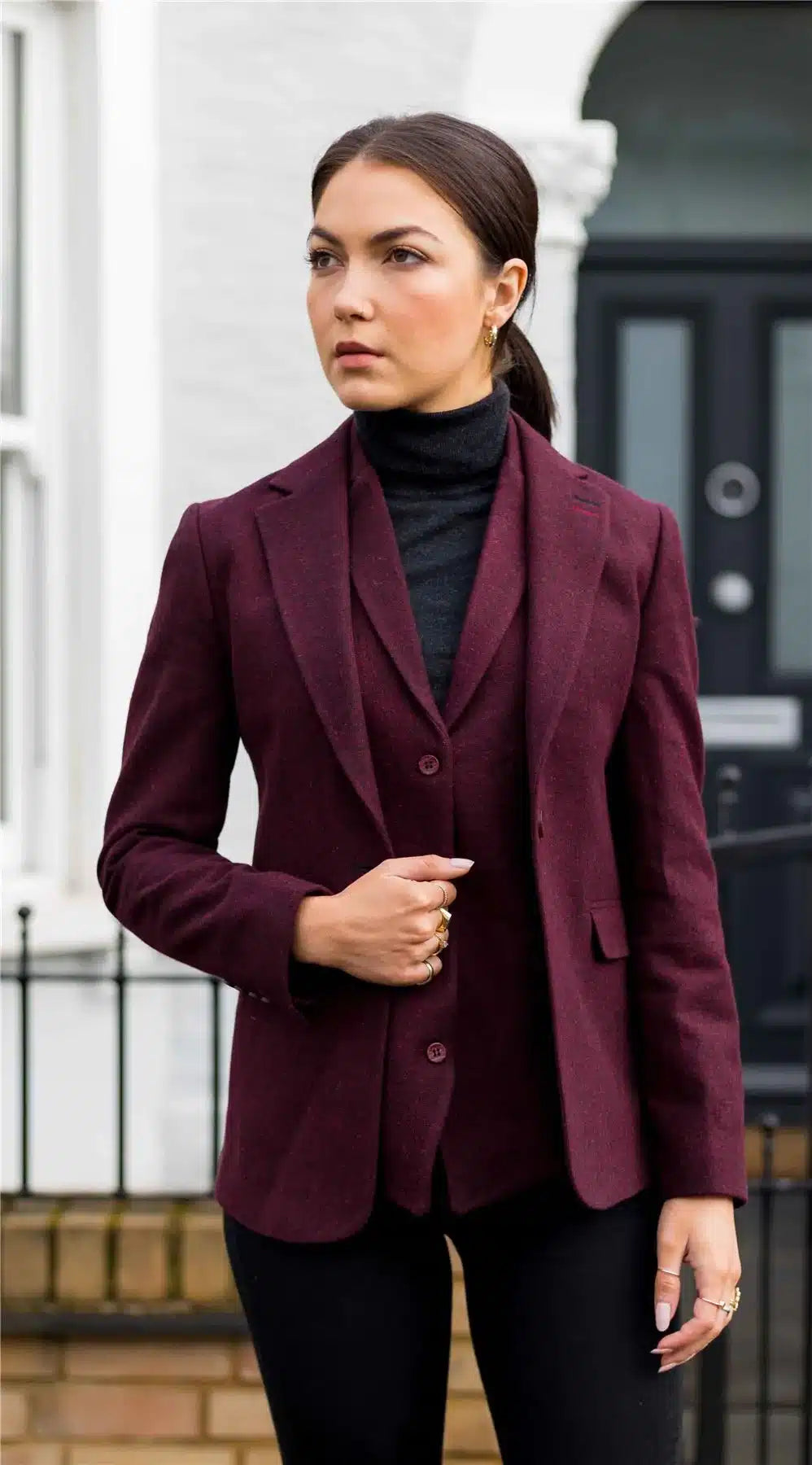 Womens Blazer Suit Wool Tweed Elbow Patch 1920s Vintage Classic Burgundy
